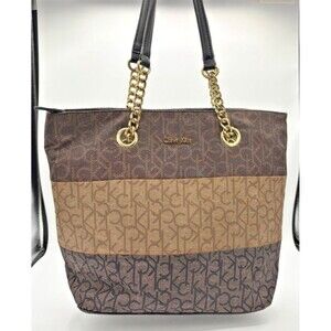 Calvin‎ Klein Signature PVC Tote w/ Chain Strap Shoulder Bag Purse Monogram EUC